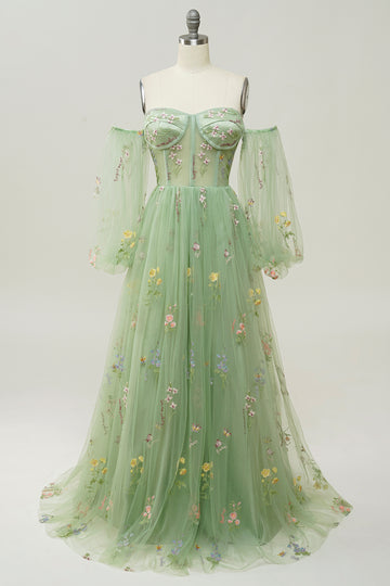 Green Off The Shoulder Long Sleeves A-Line Ball Dress
